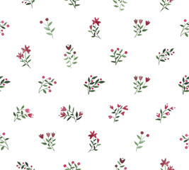 Watercolor floral ornamental pattern. Seamless pattern with red and green flowers on white background.