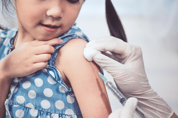 Doctor injecting vaccination in arm of asian little child girl,healthy and medical concept