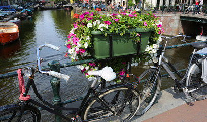Fototapeta na wymiar bicycles over to the bridge in the city of Amsterdam in Holland