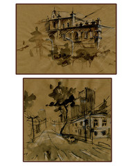 Set of two city landscapes on brown background. Watercolor painting. Hand painted.