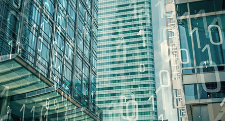 Cyber security, binary code and modern office buildings