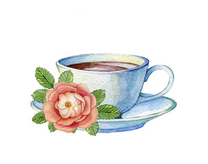 Hand drawn watercolor illustration of vintage porcelain teacup and flowers rose hips on a white background