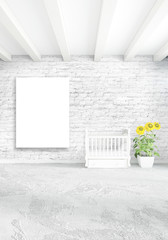 Vertical modern interior bedroom or living room with eclectic wall and empty frame for copyspace drawing. 3D rendering