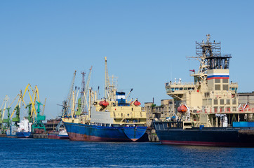 Naklejka premium hoisting cranes and ships at seaport