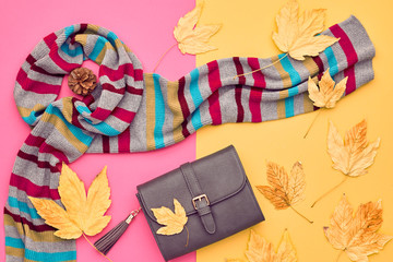 Fall Fashion Glamour Lady Look.Trendy Scarf. Fashion Stylish Glamour Handbag Clutch. Fall Leaves. Autumn Minimal. Vanilla Pastel colors.