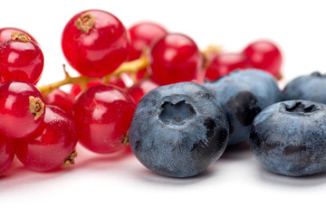 Blueberry with red currant. Fresh berries isolated on white background.