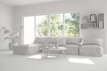 Idea of white room with sofa and summer landscape in window. Scandinavian interior design. 3D illustration