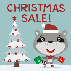 Christmas sale! Funny raccoon skating with packages shopping discounts. Christmas sale banner with raccoon in hat in cartoon style.