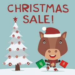 Christmas sale! Funny horse skating with packages shopping discounts. Christmas sale banner with horse in hat in cartoon style.