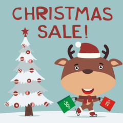 Fototapeta na wymiar Christmas sale! Funny reindeer skating with packages shopping discounts. Christmas sale banner with reindeer in hat in cartoon style.