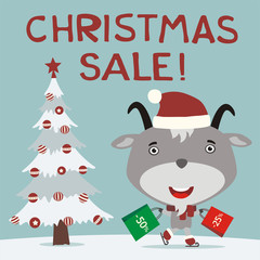 Christmas sale! Funny goat skating with packages shopping discounts. Christmas sale banner with goat in hat in cartoon style.