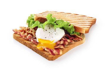 Sandwich with bacon, poached egg and lettuce isolated on white background.