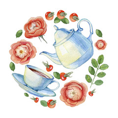 Hand drawn watercolor illustration of vintage porcelain teacup, teapot and flowers rose hips on a white background