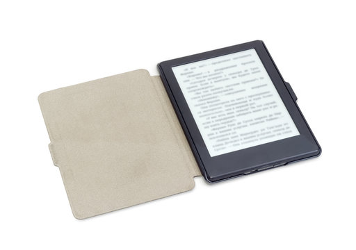 E-reader in e-reader case on a white background