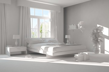 White modern bedroom. Scandinavian interior design. 3D illustration