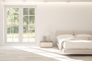 Inspiration of white minimalist  bedroom with summer landscape in window. Scandinavian interior design. 3D illustration