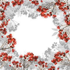     Watercolor Postcard, frame, invitation, label. Autumn watercolor greeting card. Of the leaves of birch, oak, aspen. Gray and red pattern of leaves, branches and berries, clusters of mountain ash