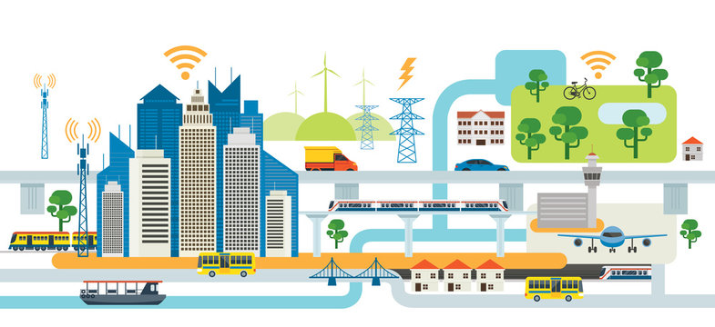 Smart City Infrastructure, Transportation, Connected, Energy and Power Concept