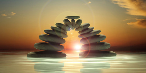Zen stones on sea and sky background. 3d illustration