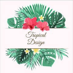 Tropical design frame element with text placeholder. Jungle palm tree monstera green leaves, red hibiscus and yellow plumeria flowers bouquet composition. Vector design illustration.