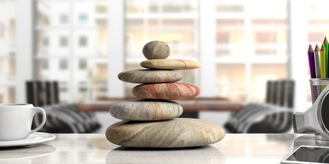 Zen stones stack on a desk, office background. 3d illustration - obrazy, fototapety, plakaty