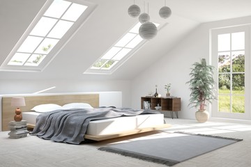 Fototapeta premium Inspiration of white minimalist bedroom with summer landscape in window. Scandinavian interior design. 3D illustration