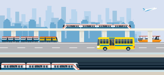 City, Public Transport and Transit, Bus, Train, Skytrain, Metro, Boat and Airplane