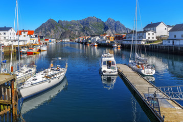 Scenic view of the waterfront harbor in Henningsvaer in summer