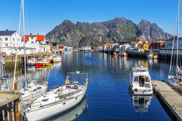 Scenic view of the waterfront harbor in Henningsvaer in summer
