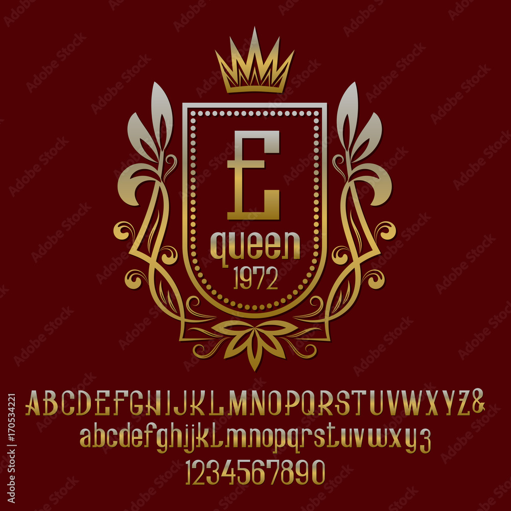 Poster golden letters and numbers with initial monogram in coat of arms form with crown. awesome font and e