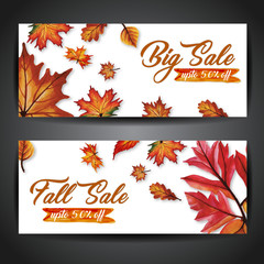Autumn Banners with Watercolor Orange, Yellow and Green Leaves