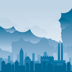 City with Pollution Problem Blue Background, Building and Skyscraper Skyline