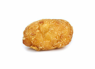 baked bun with sausage inside isolated on white background.