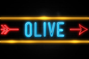 Fototapeta premium Olive - fluorescent Neon Sign on brickwall Front view
