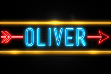 Oliver  - fluorescent Neon Sign on brickwall Front view - obrazy, fototapety, plakaty