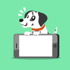 Cartoon character dalmatian dog and big smartphone