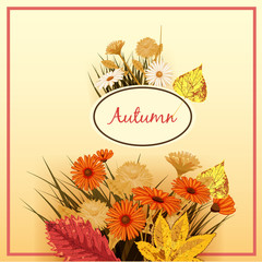 Beautiful autumn flowers, leaves, bouquet, yellow, brown, orange, vector, illustration, banner