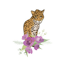 Fototapeta na wymiar Retro style Illustration with flowers and animal