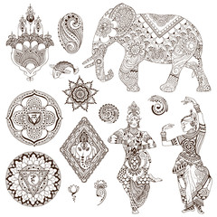 Elephant, dancers, mandalas, hamsa, flowers in the mehendi style. Set of ornate elements for design.

