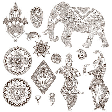 Elephant, dancers, mandalas, hamsa, flowers in the mehendi style. Set of ornate elements for design.
