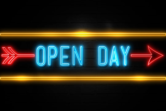 Open Day  - fluorescent Neon Sign on brickwall Front view