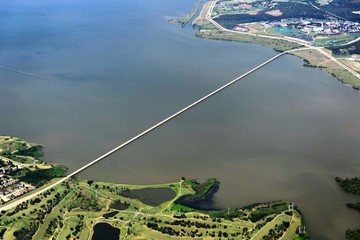 aerial view from plane window of DFW flooding after hurricane Harvey
