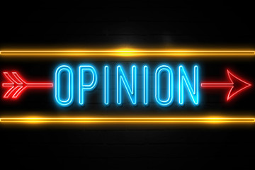 Opinion  - fluorescent Neon Sign on brickwall Front view