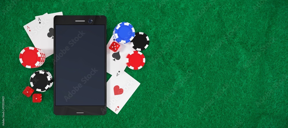 Poster composite image of mobile phone with playing cards and stack of