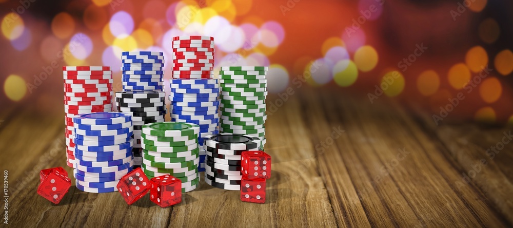 Poster composite image of stack of colorful casino tokens with dice