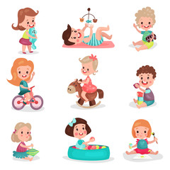 Happy kids playing with toys set, cute boys and girls enjoying playing colorful cartoon vector Illustrations