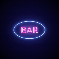 Neon sign Bar. Neon signboard on dark background.