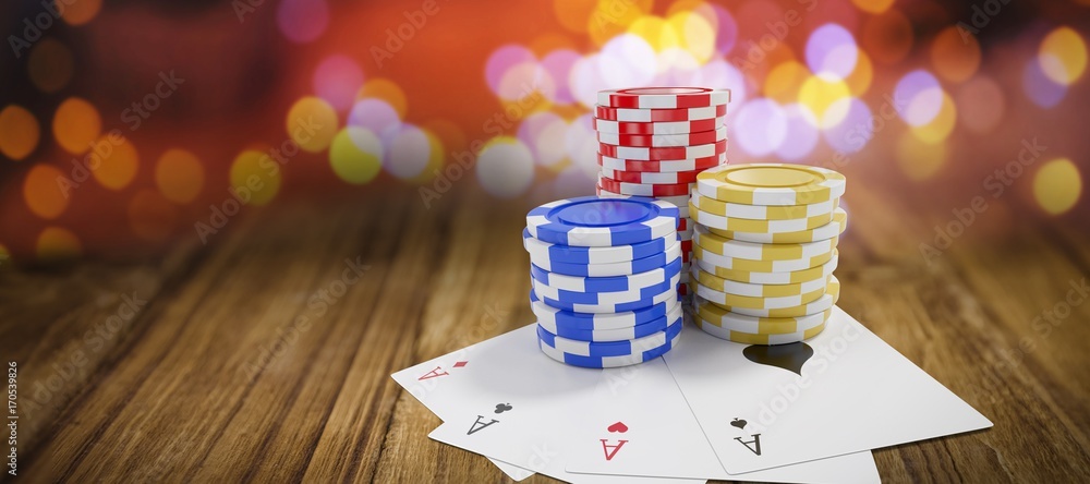 Poster composite image of tilt image of casino tokens with playing