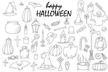 Set of hallowen elements. Vector goast, pumpkin, hat icons. Spooky illustration.
