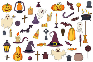 Obraz premium Vector goast, pumpkin, hat icons. Set of hallowen elements. Spooky illustration.